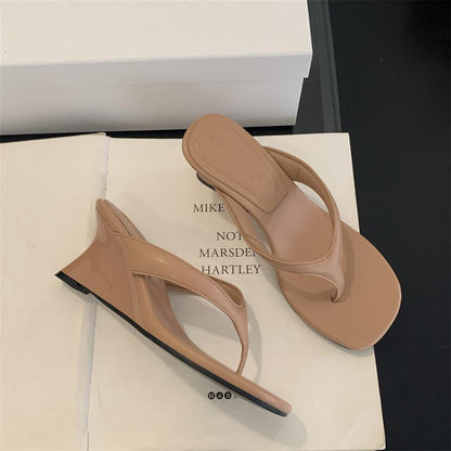 Square-toe Wedge Thong Sandals With High Heels