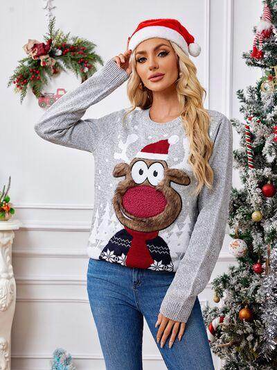 Reindeer Round Neck Long Sleeve Sweater for Women