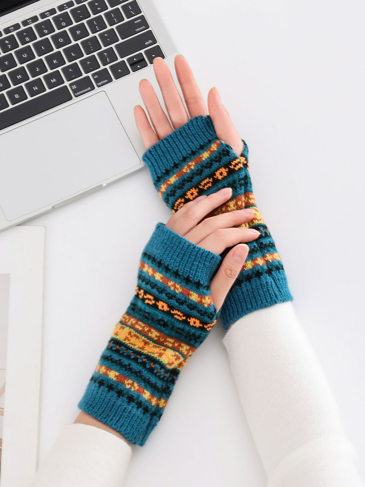 Boho Short Knit Fingerless Thermal Gloves Arm Warmer