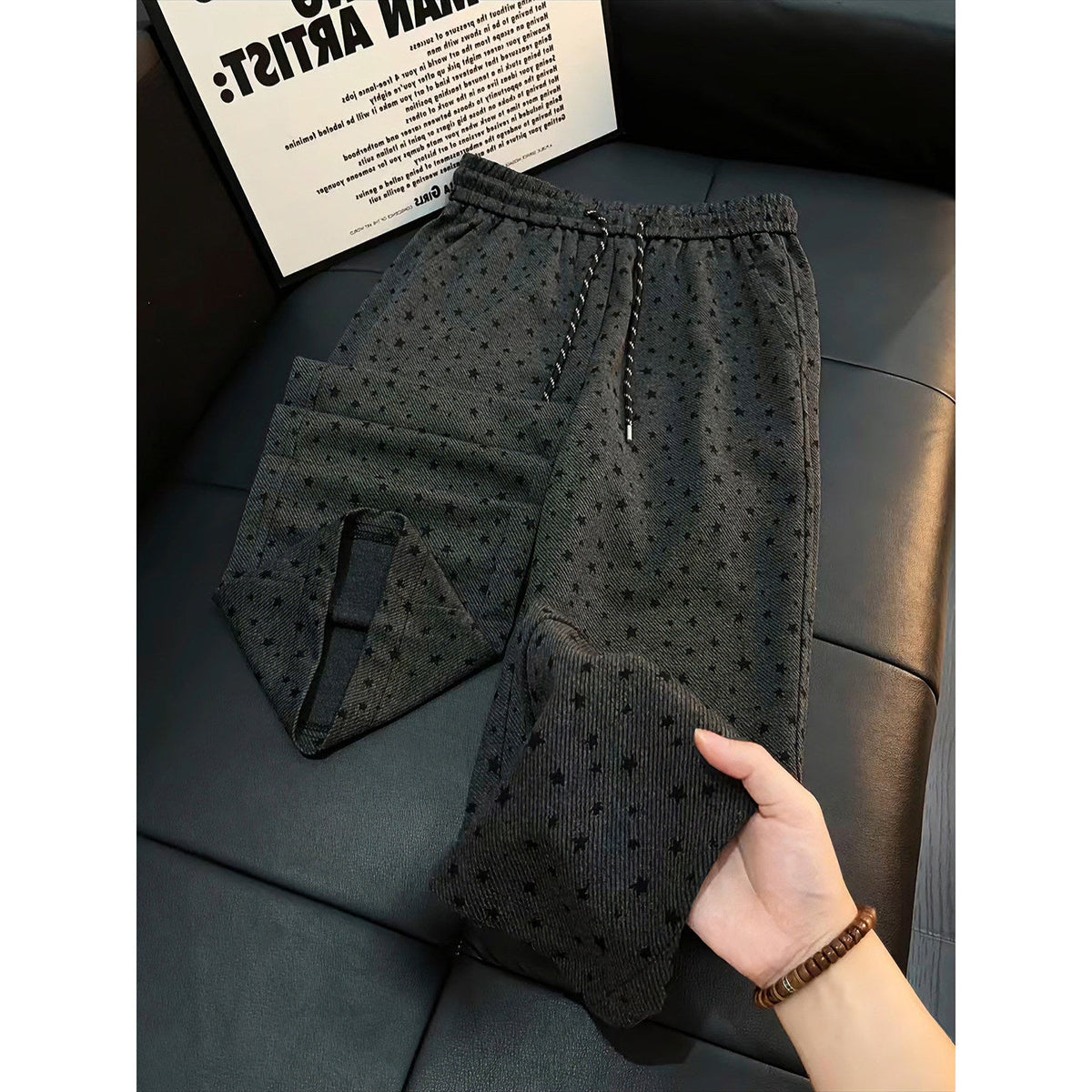 Men's Solid Color Casual Retro Star-printed Pants