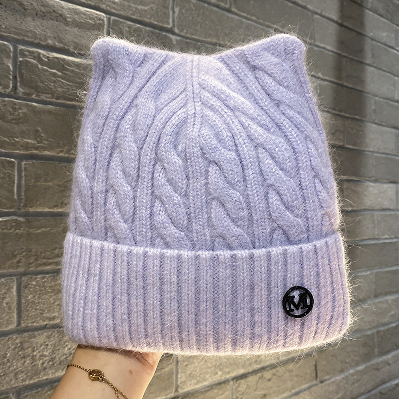 Cute Cat-ear Knitted Wool Warm Hat Versatile Face-slimming
