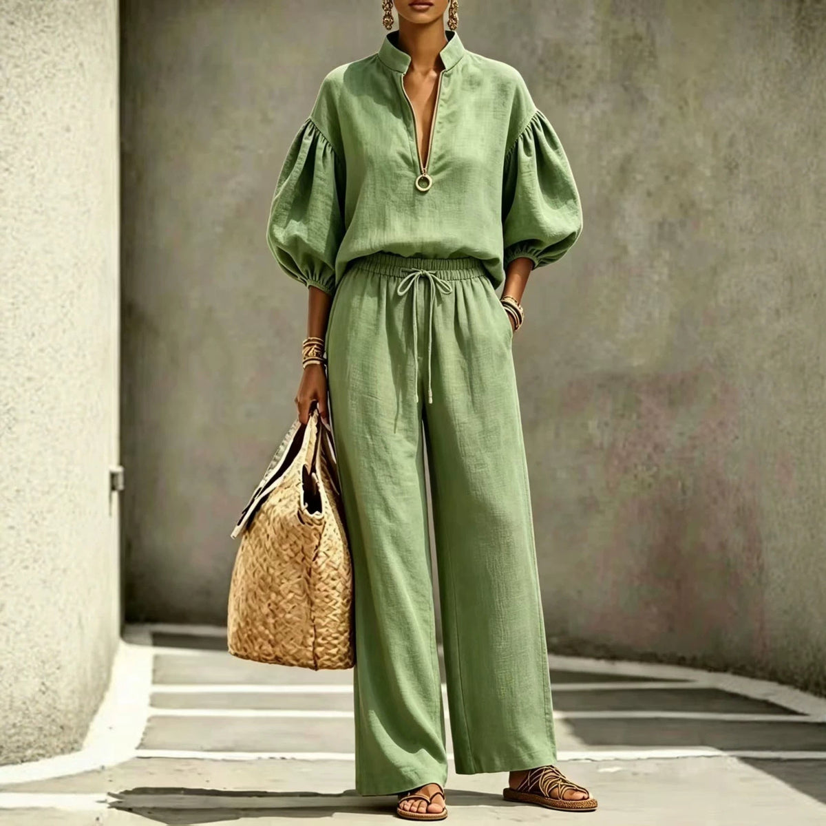 Loose-fitting Solid-color Womens Set With A Half-zip And Puff Sleeves