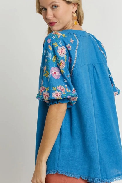 Umgee Full Size Half Button Top with Embroidery Sleeves Plus Size