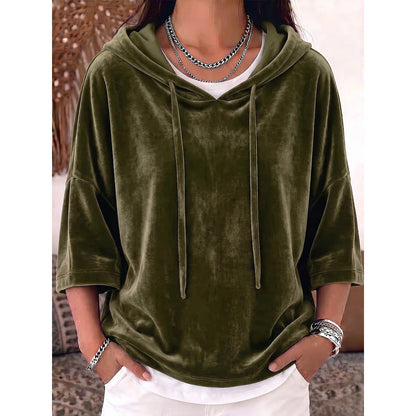 Solid-color Drawstring Three-quarter-sleeve Velvet Hoodie