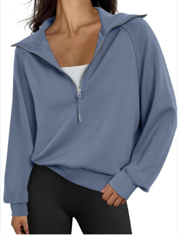 Women's Short Stand-collar Half-zip Fleece-lined Solid-color Sweatshirt