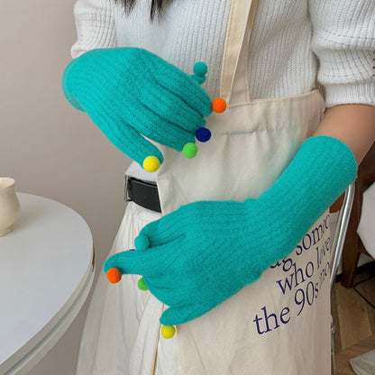 Colorful Plush Ball Gloves Winter Women's Cute Student Cycling Thickened