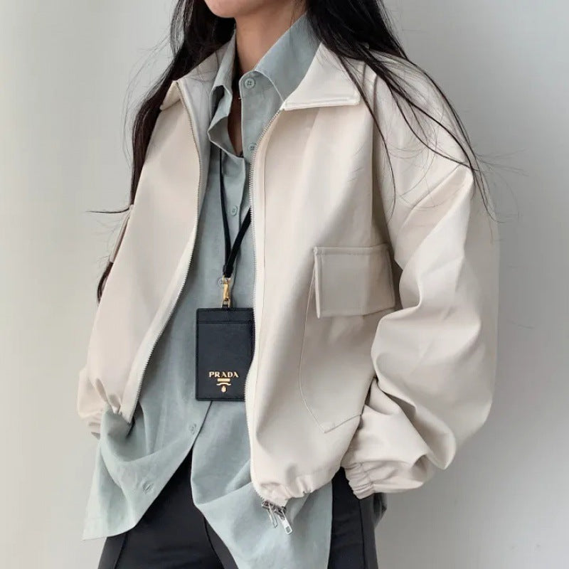 Lapel Double Zipper Pocket Long Sleeve Leather Coat