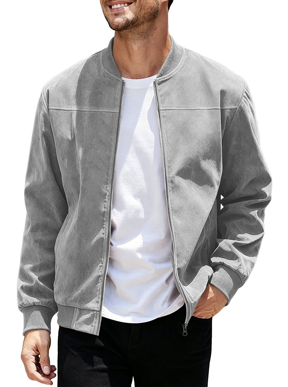 Cross-Border European And American  Men's Suede Zipper Jacket With Solid Color Patchwork Design, Simple Solid Color Outerwear