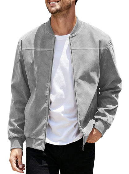 Cross-Border European And American  Men's Suede Zipper Jacket With Solid Color Patchwork Design, Simple Solid Color Outerwear