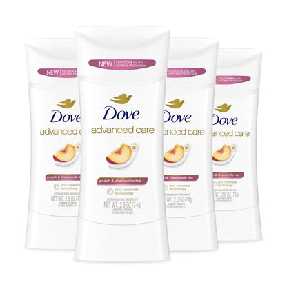 Dove Advanced Care Antiperspirant Deodorant Stick Peach & Chamomile Tea 4 Count for helping your skin barrier repair after shaving 72 hour odor control and all-day sweat protection 2.6 oz