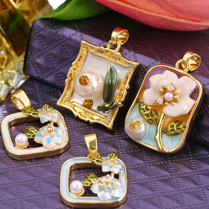 Floral-Painted Dripped-Glaze Universal-Clip Necklace DIY Pendant