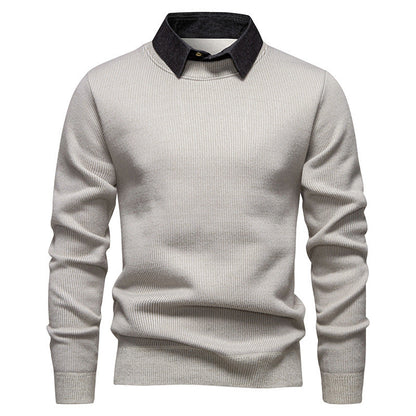 Mens Faux Two-piece Base-layer Knit Casual Shirt-collar Sweater