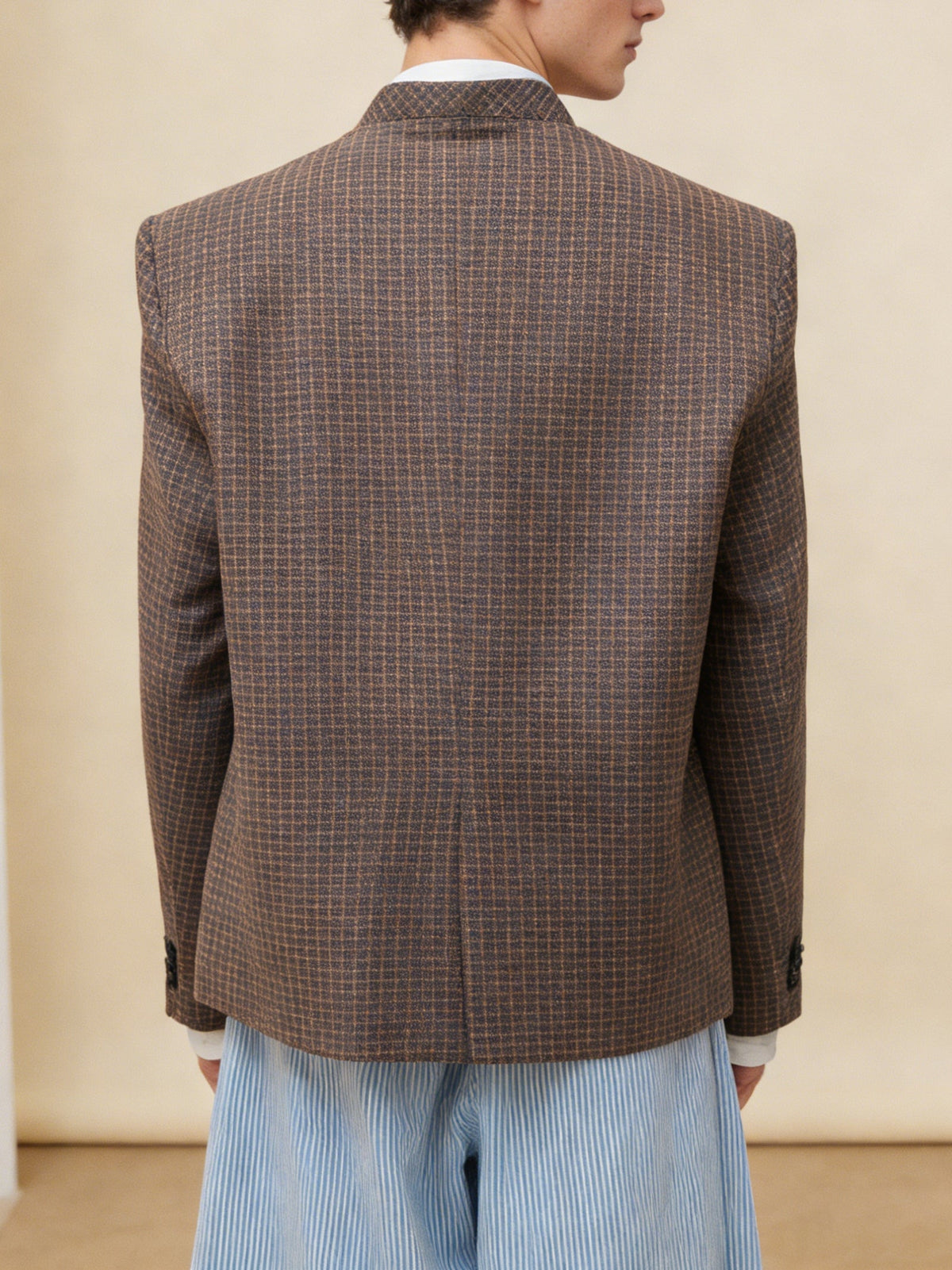 Brown Plaid Collarless Deconstructed Blazer Jacket