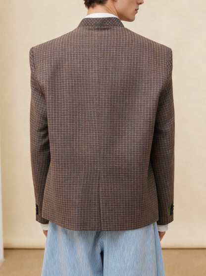 Brown Plaid Collarless Deconstructed Blazer Jacket