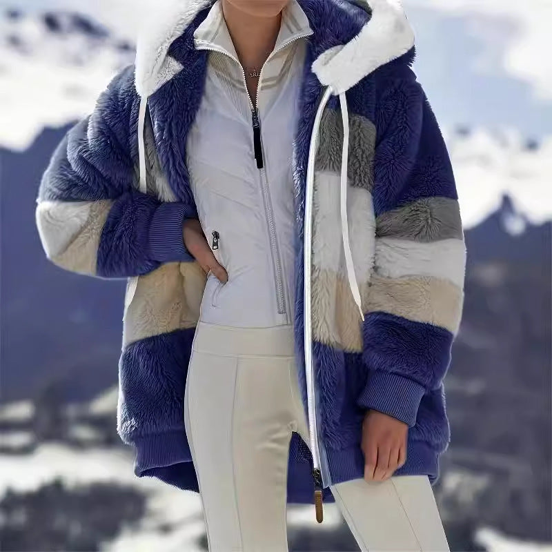 Women's Loose Plush Multicolor Hooded Jacket