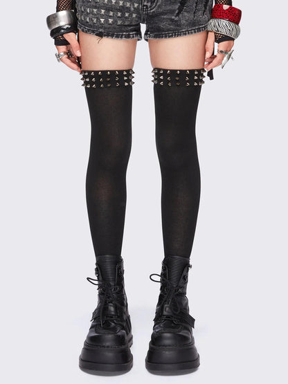 Stretchy Black Over-the-knee Boot With Spiked And Studded Trim
