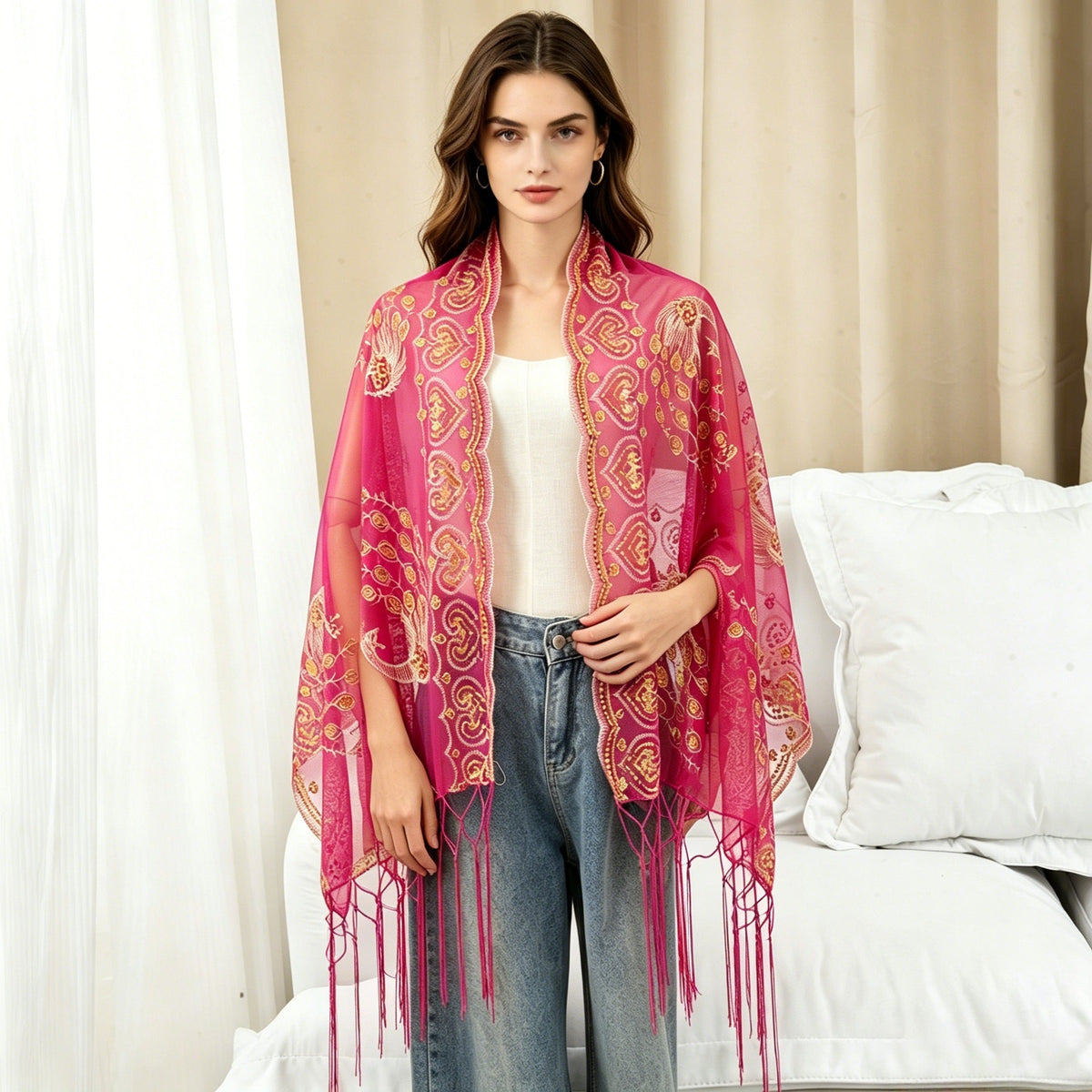 Evening Gown Paired With A Tassel Scarf