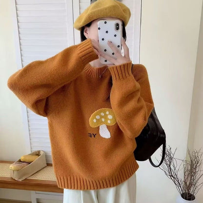 Women's Knitted Mushroom-pattern Crew-neck Pullover Top