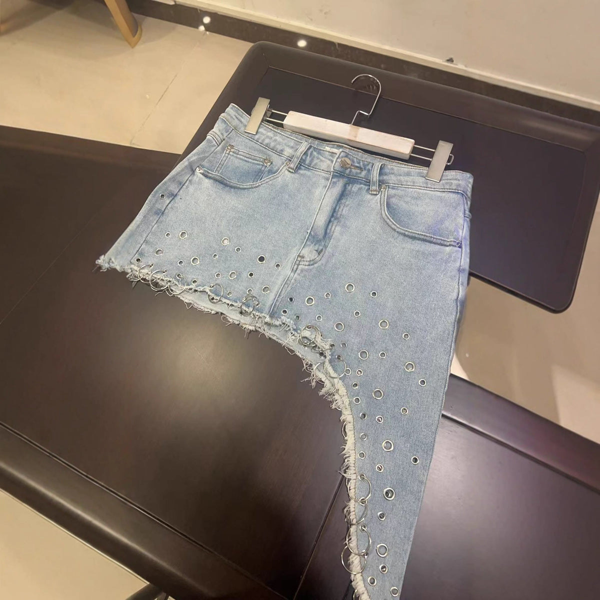 Womens Denim Ripped Irregular Slant Hem Mini Skirt