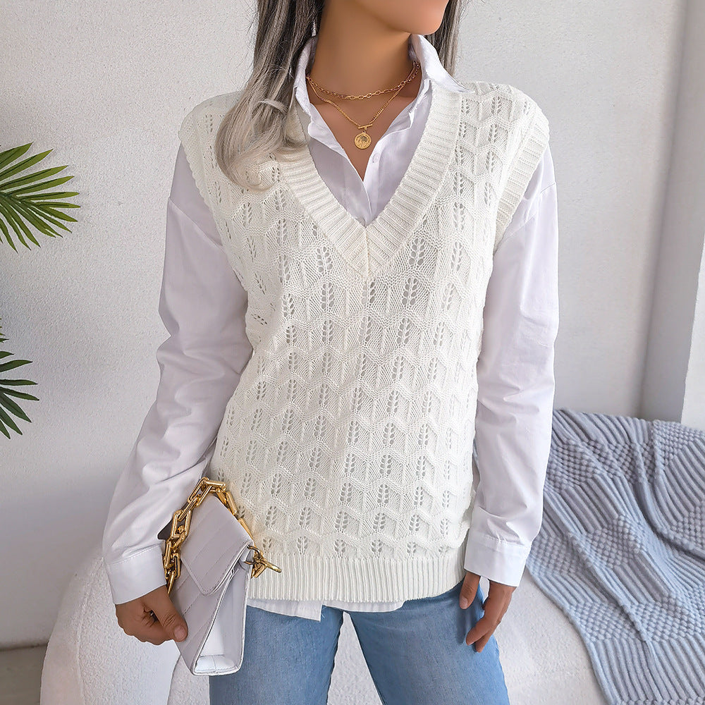 Hollow-out Wave-patterned V-neck Knitted Vest Sweater