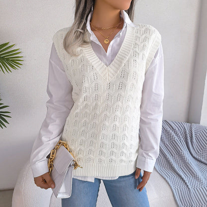 Hollow-out Wave-patterned V-neck Knitted Vest Sweater