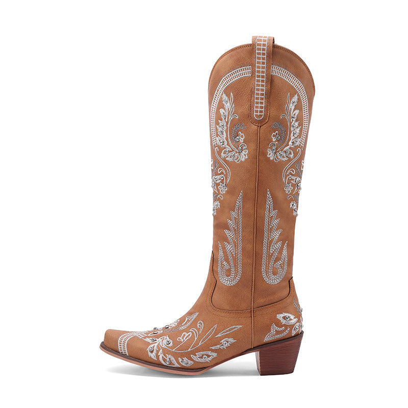 Womens Embroidered Rhinestone Chunky High-Heel Boots