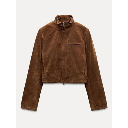 Spring Short Suede Jackets Women Brown Stand Collar Zip