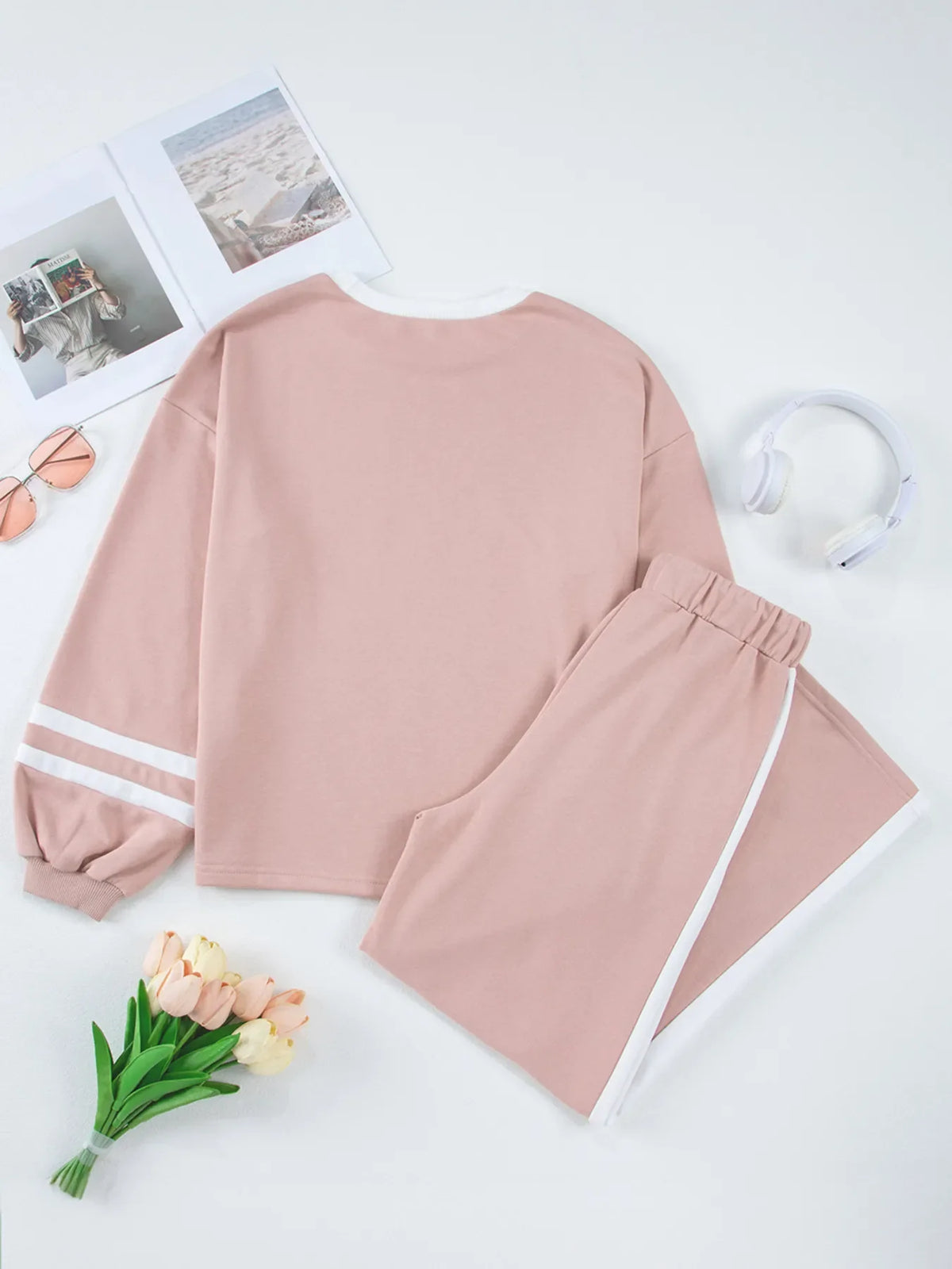 Contrast Trim Round Neck Top and Pants Set
