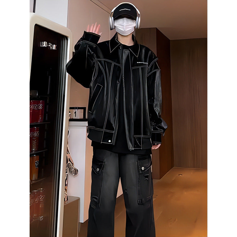 Spring Design Fake Two-piece Leather Coat