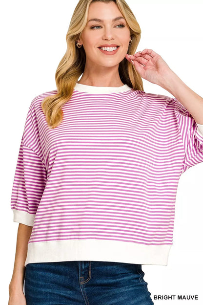 Zenana Striped Contrast Trim Banded Bottom Top