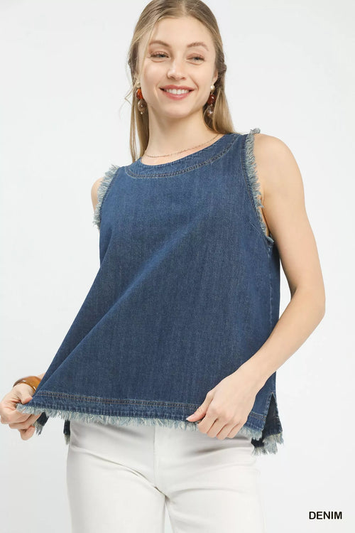 Umgee Sleeveless Fringe Hem Denim Top