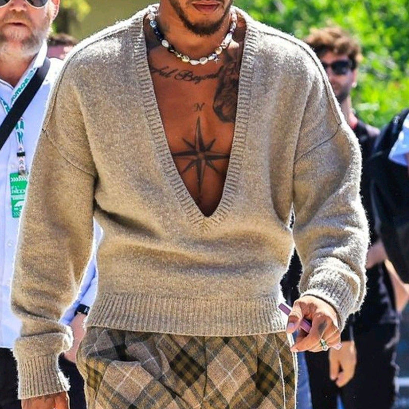 Casual Oversized V-neck Fashionable And Sexy Knitted Sweater For Men
