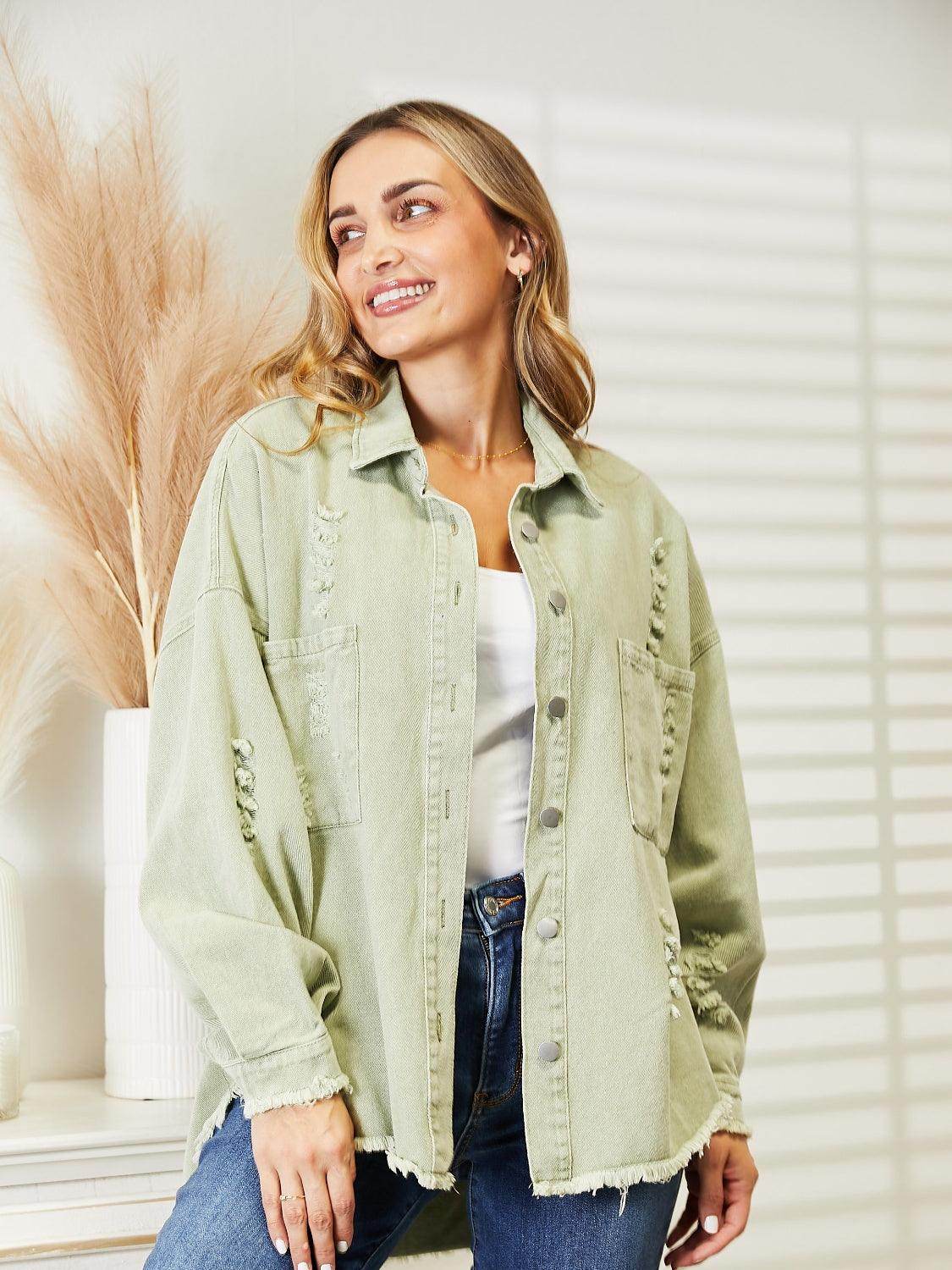 Distressed Raw Hem Denim Jacket for Relaxed Fit Style