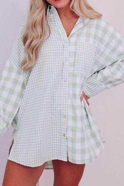 Pocketed Plaid Collared Neck Long Sleeve Shirt for Women