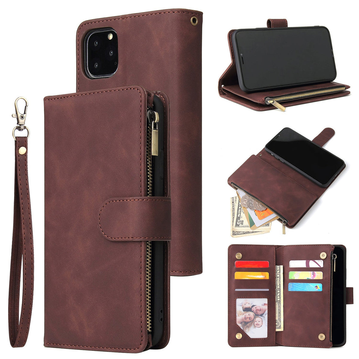 Vintage Frosted Nine-card Multi-function Zipper Pack Phone