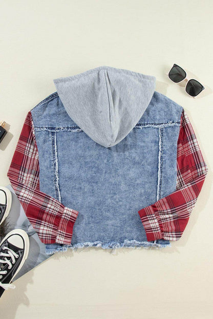 Raw Hem Drawstring Plaid Denim Jacket for Women