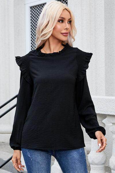 Frill Mock Neck Ruffled Balloon Sleeve Blouse for Women