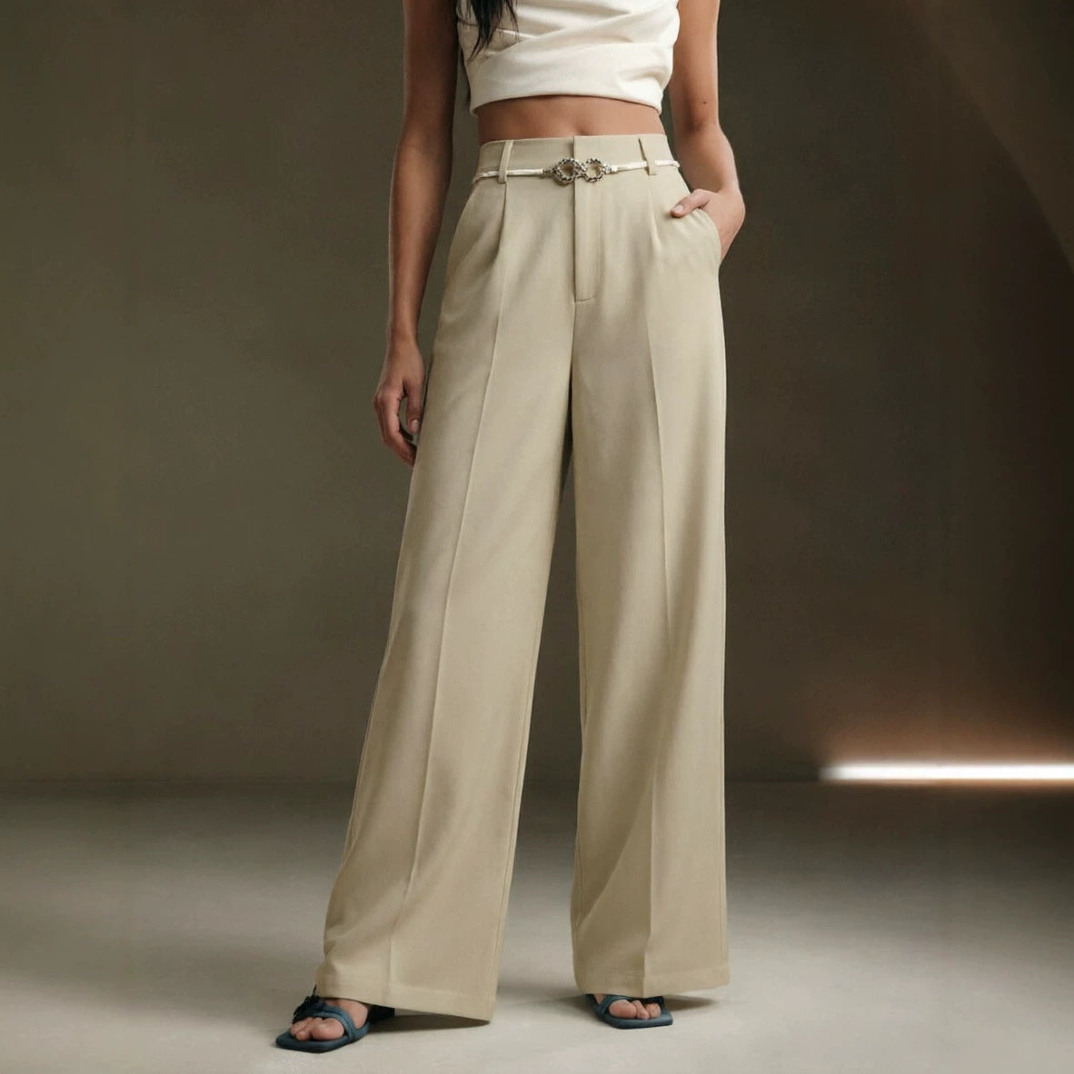 Solid-color High-waisted Draping Wide-leg Straight Pants