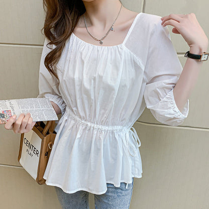 Irregular Ruffled Edge Thin Cotton Square Collar Shirt