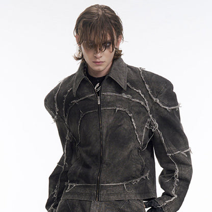 Short Gray Padded Shoulder Denim Coat