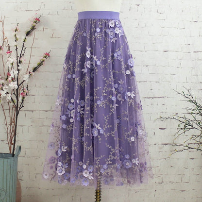 Flower Embroidered Mesh Skirt For Women