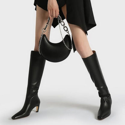 French Minimalist-style Square-toe Kitten-heel Over-the-knee Straight-leg Leather Booties