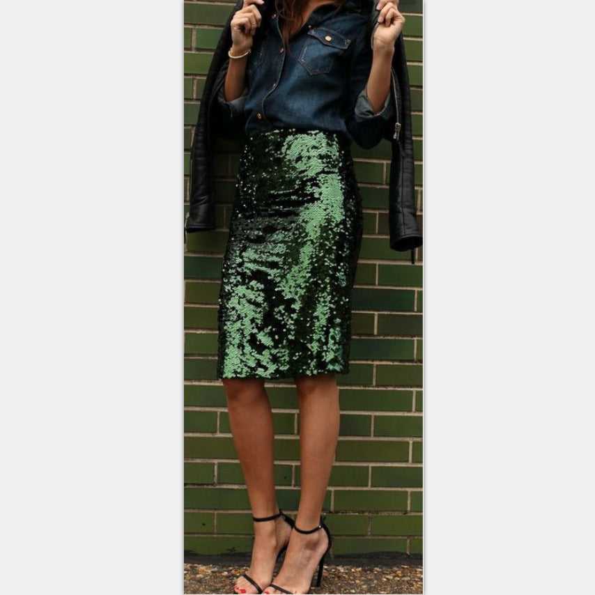 Illusion-Iridescent Laser-Green Sequined Bodycon Midi Skirt