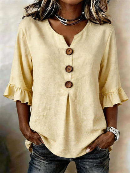 2026 Summer Women's V Neck Cotton Linen Button Up Shirt Solid Color Button Design  Short Sleeve