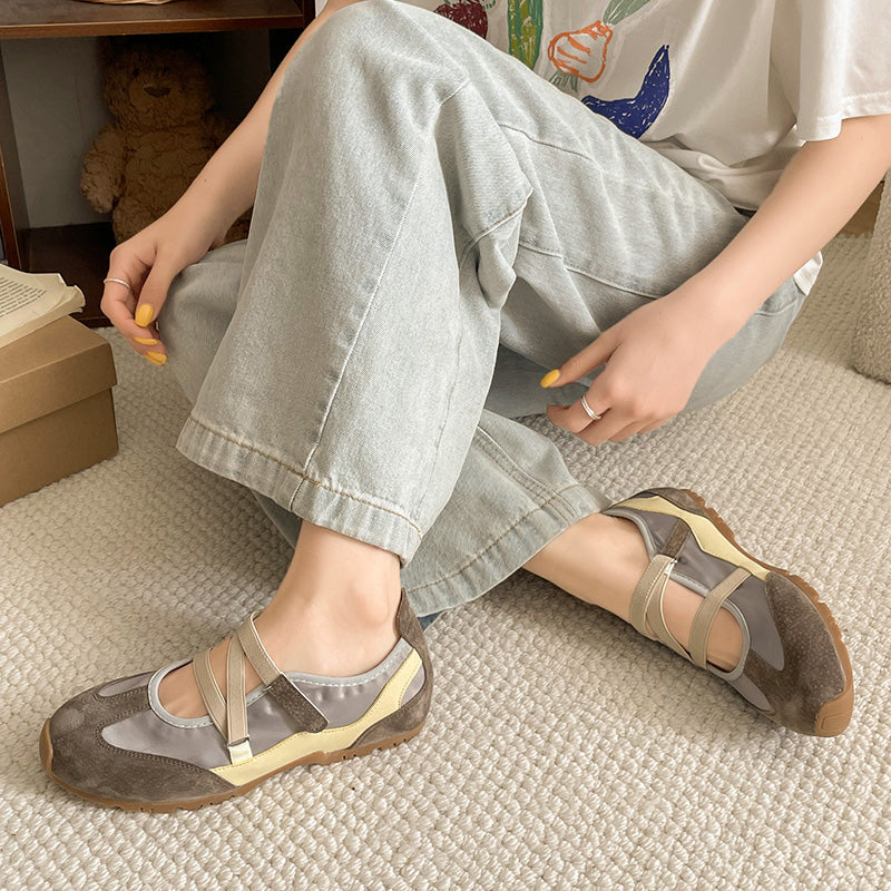Women Vintage Retro Mixed Suede Metallic Silver Patchwork Ballet Flats