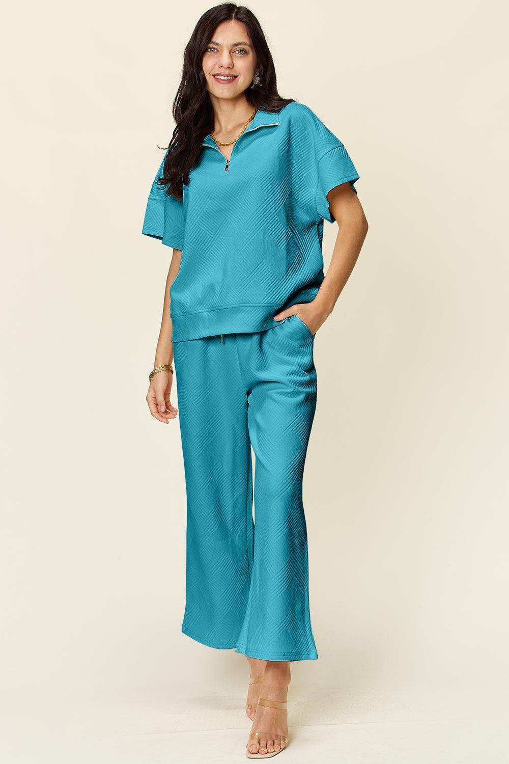 Double Take Full Size Texture Half Zip Short Sleeve Top Set