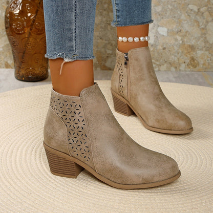 Hollow-out Pointed Toe Low-cut Square Heel Women's Boots