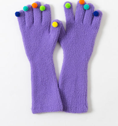Colorful Plush Ball Gloves Winter Women's Cute Student Cycling Thickened