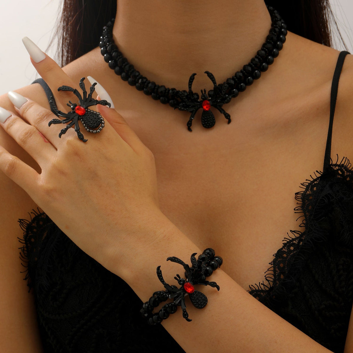 Dramatic Halloween Rhinestone Spider Necklace Bracelet And Ring Set