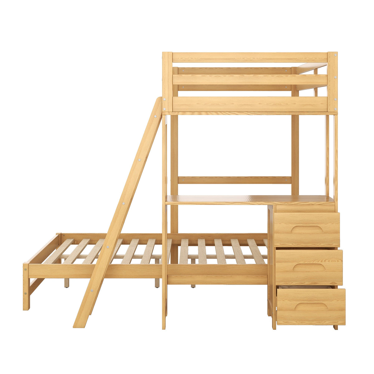 Twin over Full Bunk Bed with Built-in Desk and Three Drawers Natural